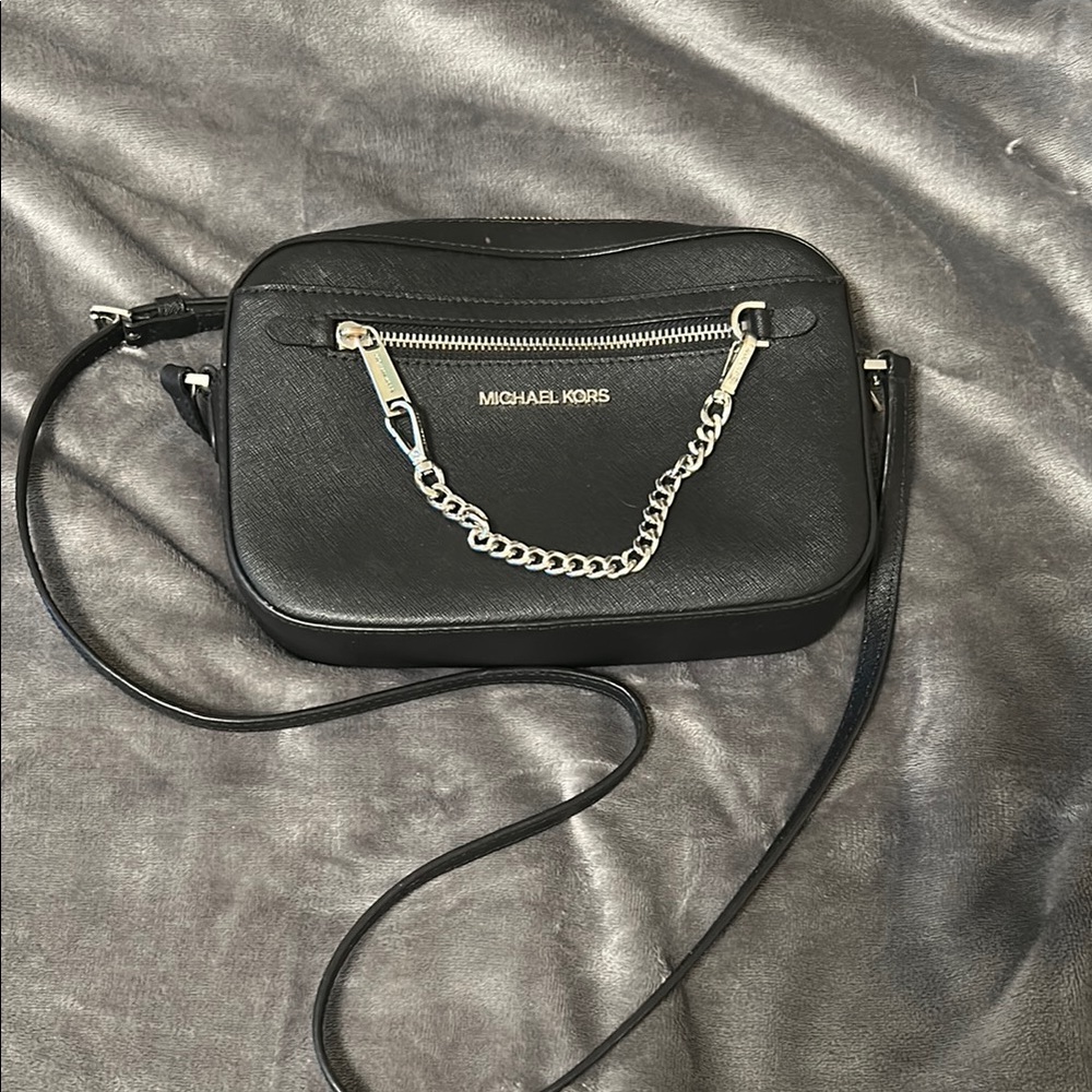 Michael Kors Black Leather Crossbody Bag with Silver Chain